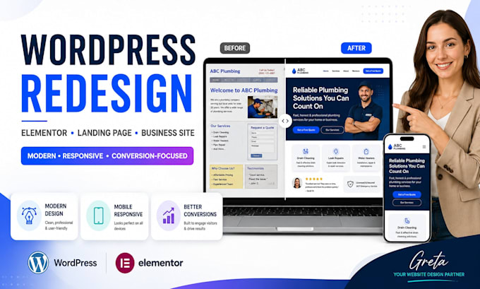redesign wordpress website, elementor website, landing page, business website