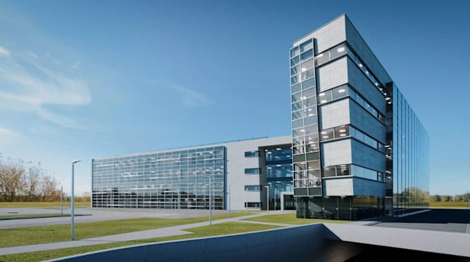 render realistic 3d glass office building facade, landmark workspace facility