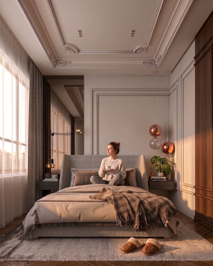 create a modern bedroom interior design with 3d rendering