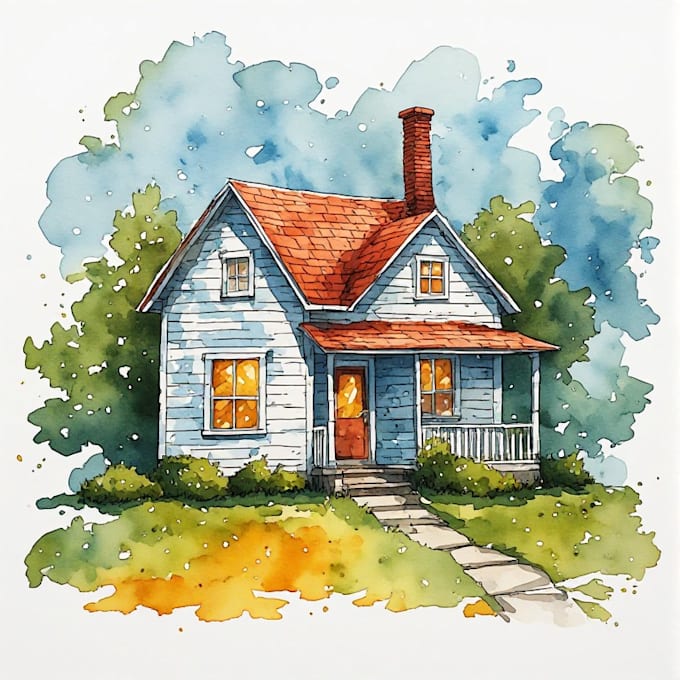 draw a watercolor landscape and house illustration