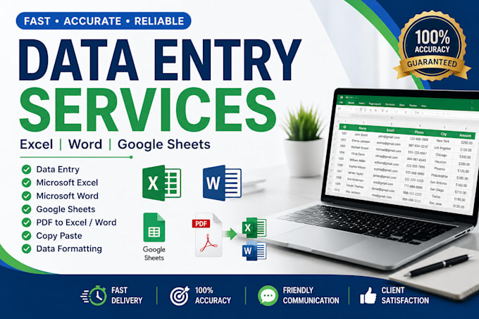 do accurate data entry, microsoft excel, word and google sheets tasks