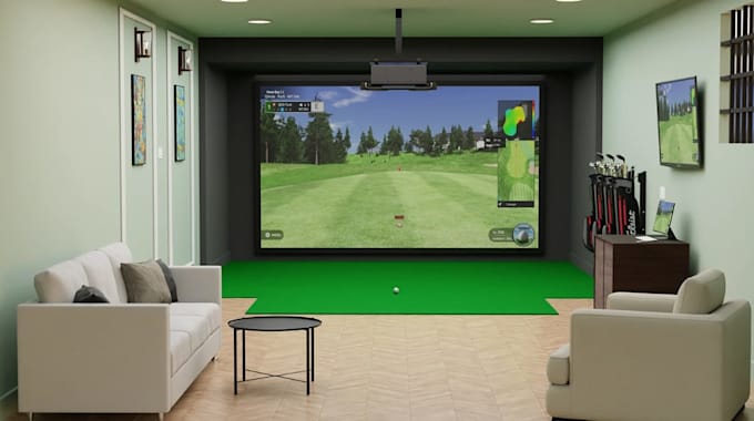 revamp 3d golf simulator,interior layout,mini golf design, golf sim, wall render