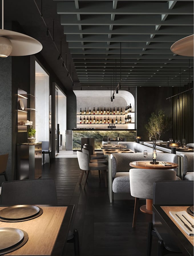 redesign restaurant architecture interior rendering, bar, lounge,3d cafe visual