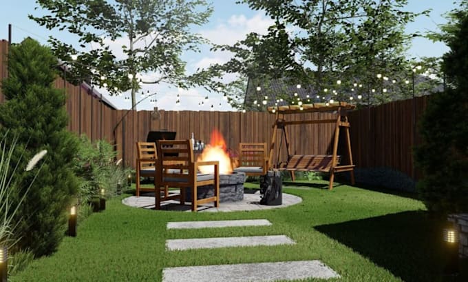 create realistic 3d landscape backyard front yard garden patio pool rendering