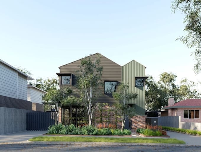 resident building with landscape, townhouse exterior visual, cgi interior render