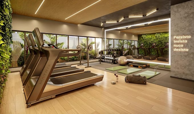 render gym interior layout, home gym 3d visual,functional fitness room 3d design