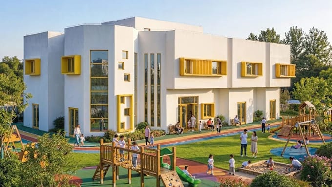 revamp modern learning space environ, preschool concept design, 3d school render