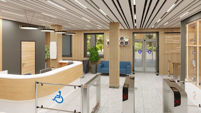 realistic cgi render for office interior layout, reception lobby 3d visual, cafe