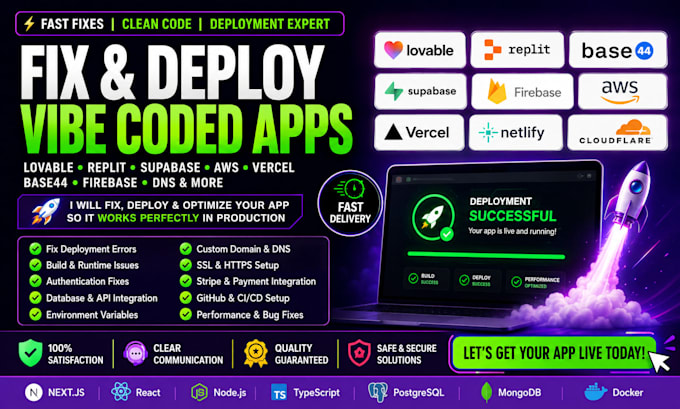 fix vibe coded app deploy lovable replit supabase aws vercel base44 firebase dns