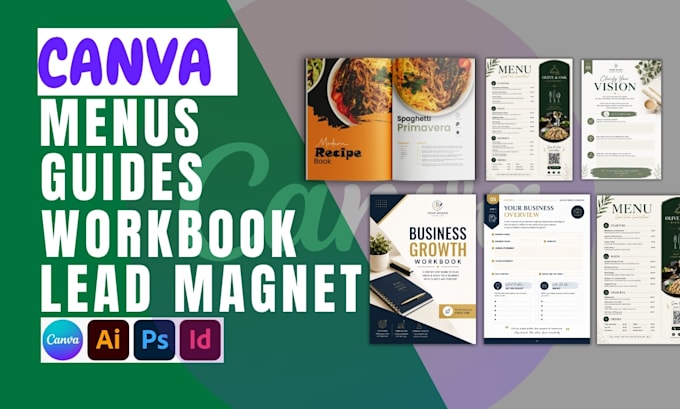 design print ready canva workbook, PDF guide, canva lead magnet, qr code menus