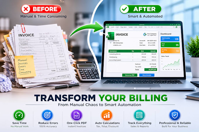 design a professional automated excel invoice and digital billing system