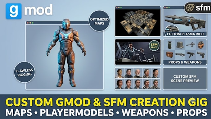 create custom garrys map, gmod player model, weapons for garrys mod, sfm model