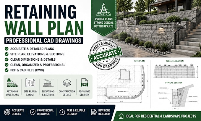 create retaining wall plans structural drawings site plans and cad drawings