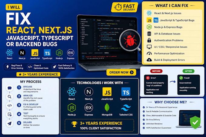 fix react nextjs javascript typescript or backend bugs