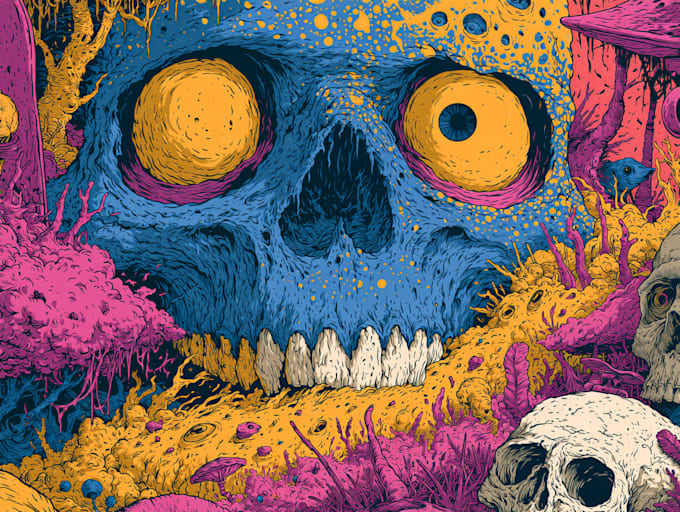 design artwork psychedelic, comic, skull for skateboards