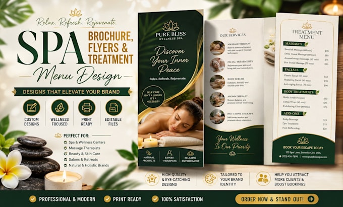 a spa brochure, flyers and treatment menu