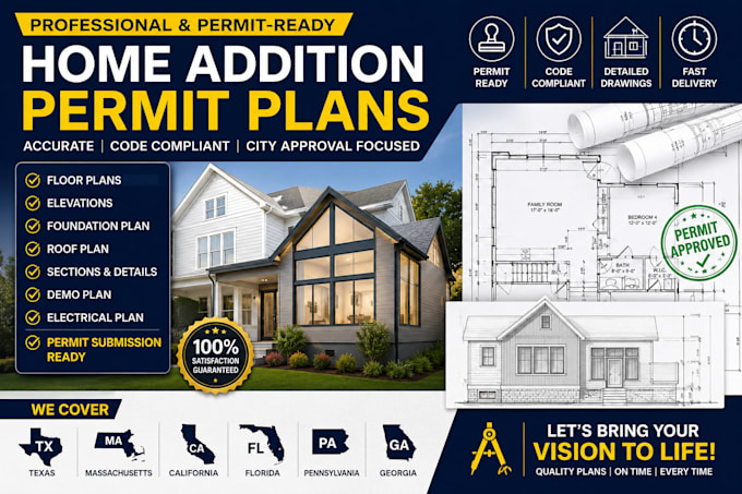 tx, ma, ca, fl, pa, ga home addition permit plans