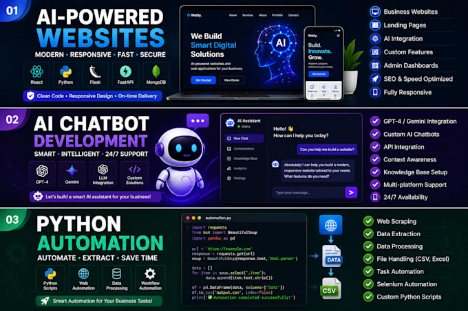 build ai powered websites, chatbots and python automation