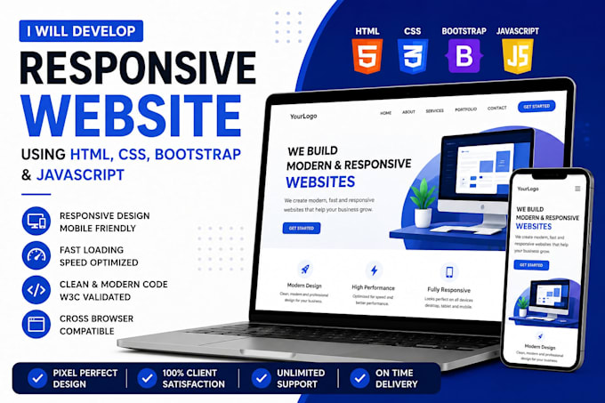 develop a responsive HTML CSS bootstrap javascript website