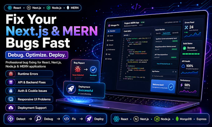 fix react next js node js and mern stack bugs and errors
