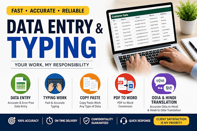 do accurate data entry, typing and odia hindi translation