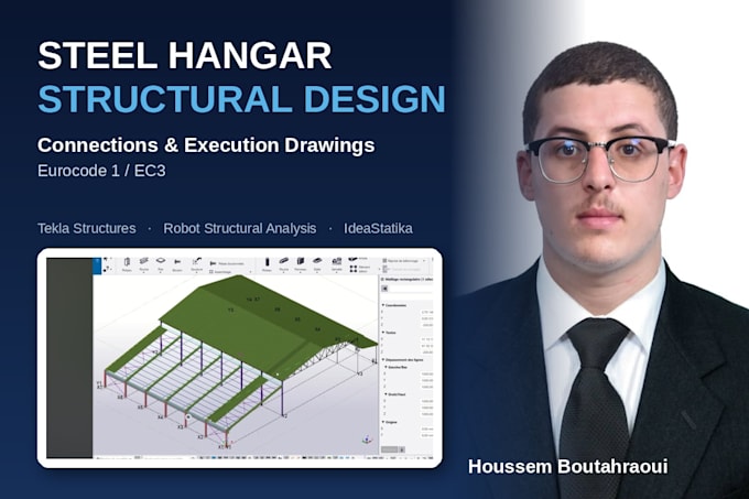 design your steel hangar structure with connection design and drawings