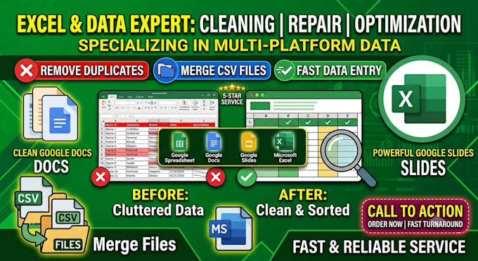 clean excel data, remove duplicates, and merge CSV files