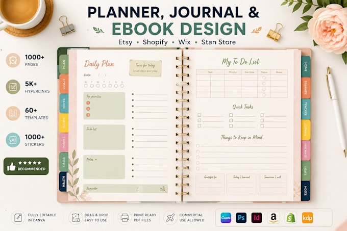 design custom digital and printable planner ,notebook, journal