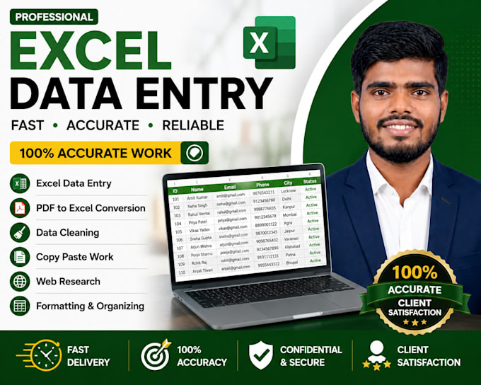 do accurate excel data entry, copy paste, PDF to excel conversion, and data clea