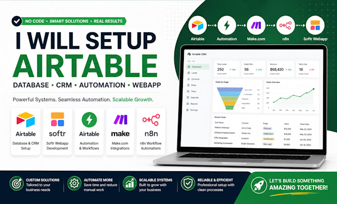 setup airtable database crm, softr webapp, airtable automation, makecom, n8n