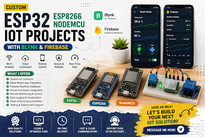 develop custom esp32, esp8266, nodemcu, iot project with blynk and firebase