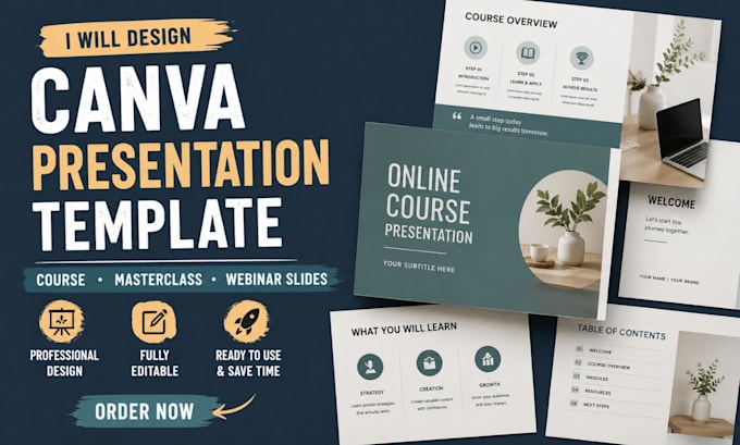 design canva presentation template, course template masterclass webinar slides