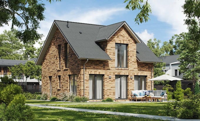 sketchup house exterior 3d rendering, interior design, brick house,cgi elevation