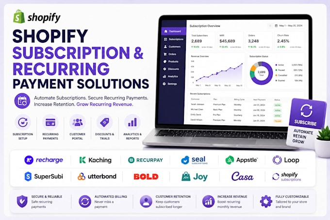 setup shopify subscription recurring payments recharge kaching recurpay seal app