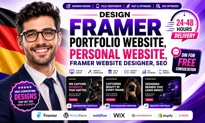 design framer portfolio website, personal website, framer website designer, seo