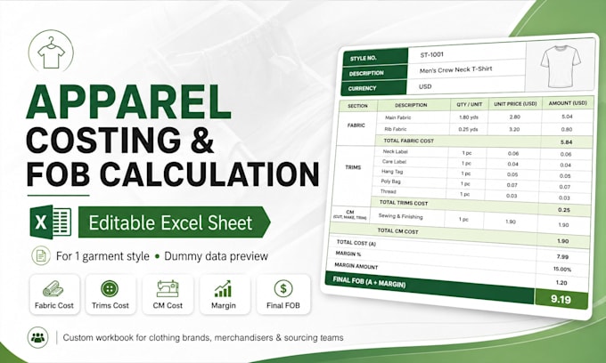 create an apparel costing and fob calculation excel sheet