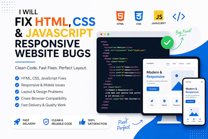 fix HTML CSS javascript responsive website bugs