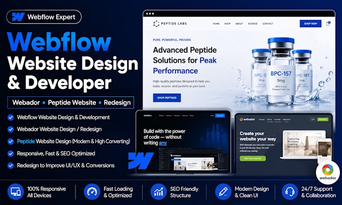 webflow website design webflow developer webador peptide website design redesign