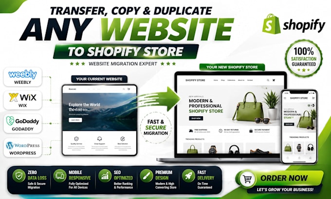 transfer migrate duplicate weebly wix godaddy wordpress site to shopify website