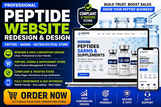 build or redesign premium fda complaint peptide website supplement sarms store
