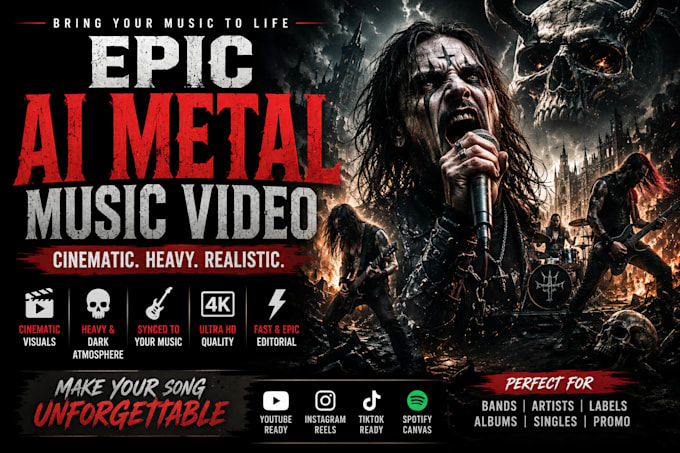 create epic ai metal music video with cinematic heavy realistic visuals