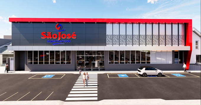 design modern 3d commercial building facade, supermarket renders, acm cladding