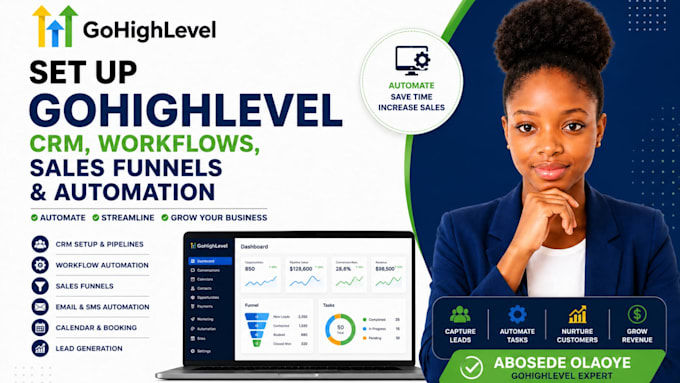 setup gohighlevel crm, webflows, sales funnels and automation for smail business