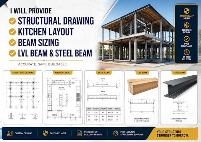 provide structural drawing, kitchen layout, beam sizing, lvl beam and steel beam