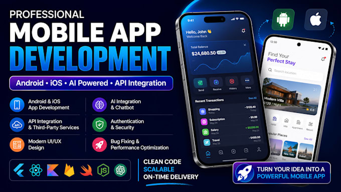 develop ai mobile apps android app, fix bugs, integrate API ios publish to play