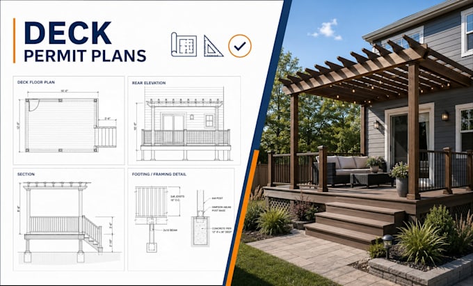 create kitchen deck permit drawings, pergola, patio and porch plans 3d render
