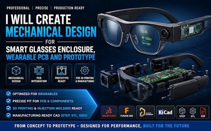 create mechanical design for smart glasses enclosure, wearable pcb prototype