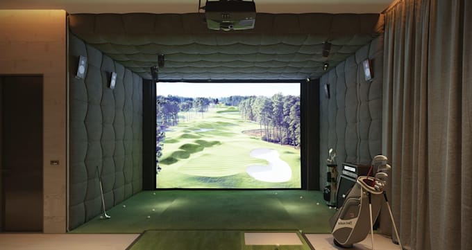 redesign 3d indoor golf,cgi golf simulator interior layout render,3d indoor game
