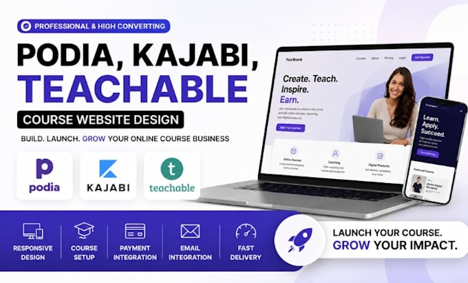 podia, podia website, kajabi course website, teachable