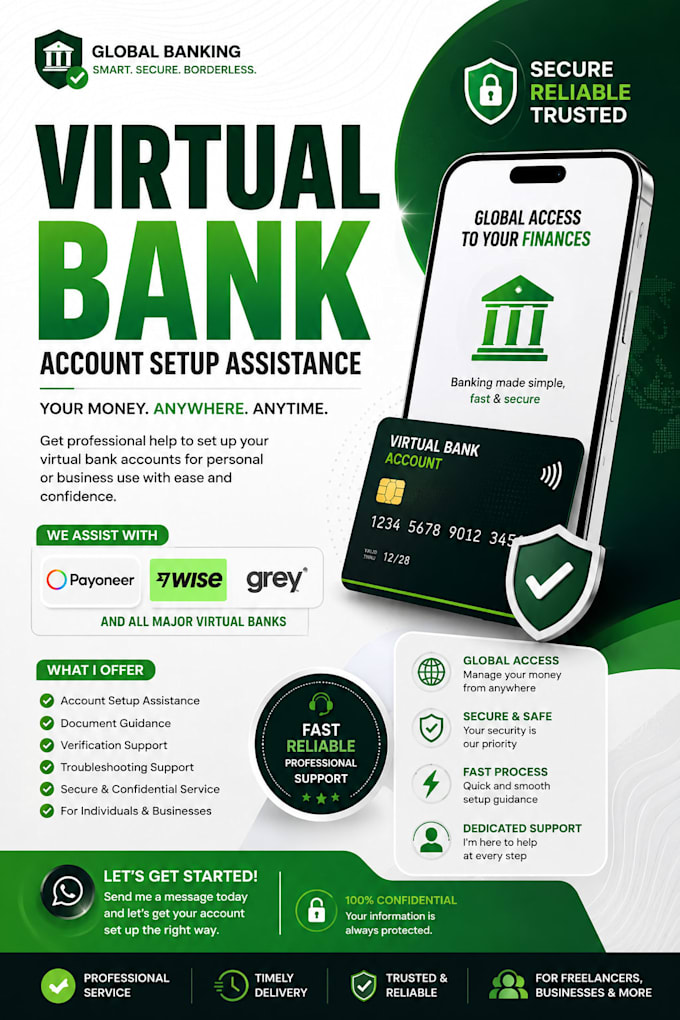 assist with payoneer, wise, grey, and virtual bank setup